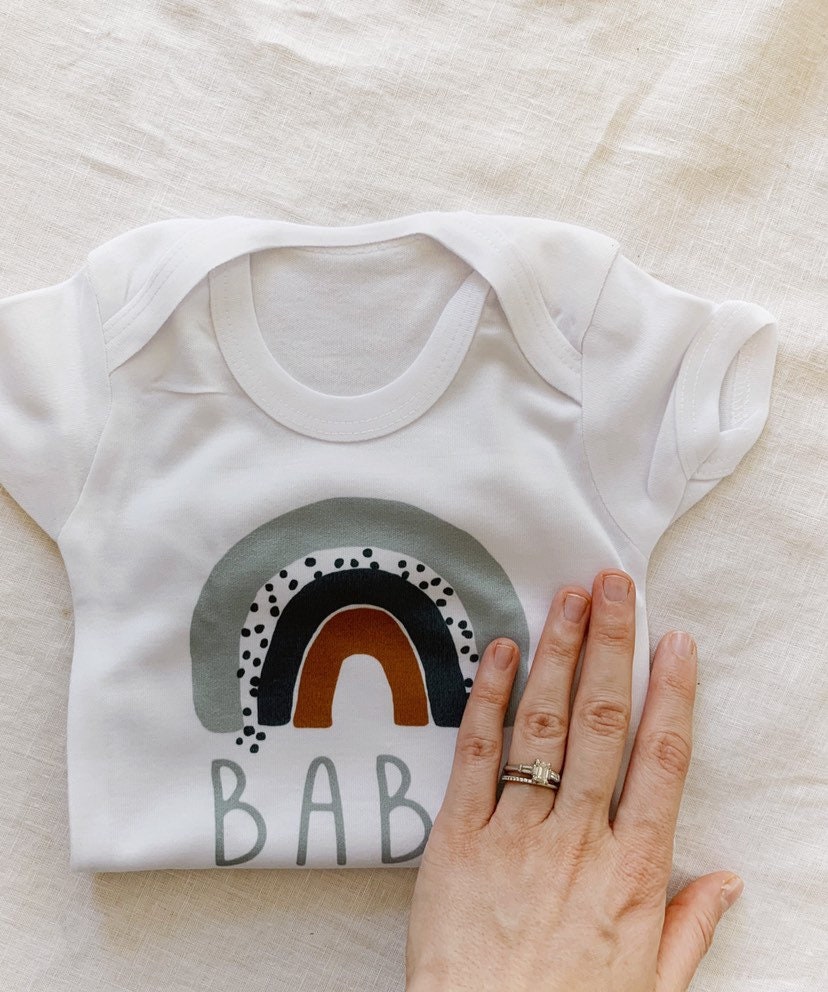 Rainbow Baby Announcement Shirt and Bodysuits Gender Neutral Baby Gift, Spotted Rainbow, Scandinavian Rainbow, Baby Name, denim hue