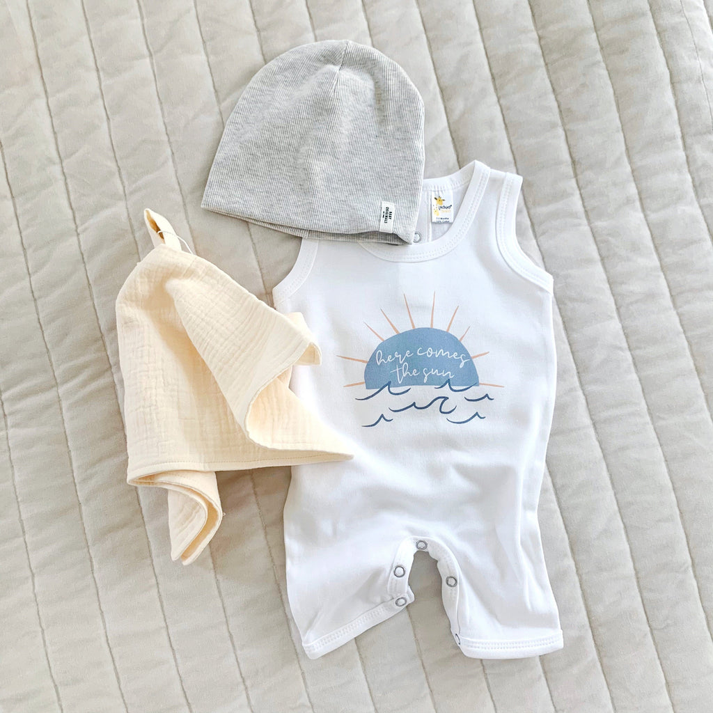 Here Comes The Sun, Neutral baby outfit, New Baby Gift, Neutral, Sunshine baby romper, Nautical, baby boy gift, Sun romper