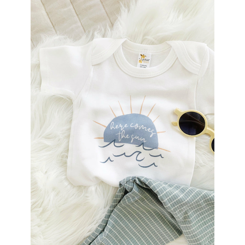 Here Comes The Sun, Neutral baby outfit, New Baby Gift, Neutral, Sunshine baby romper, Nautical, baby boy gift, Sun romper
