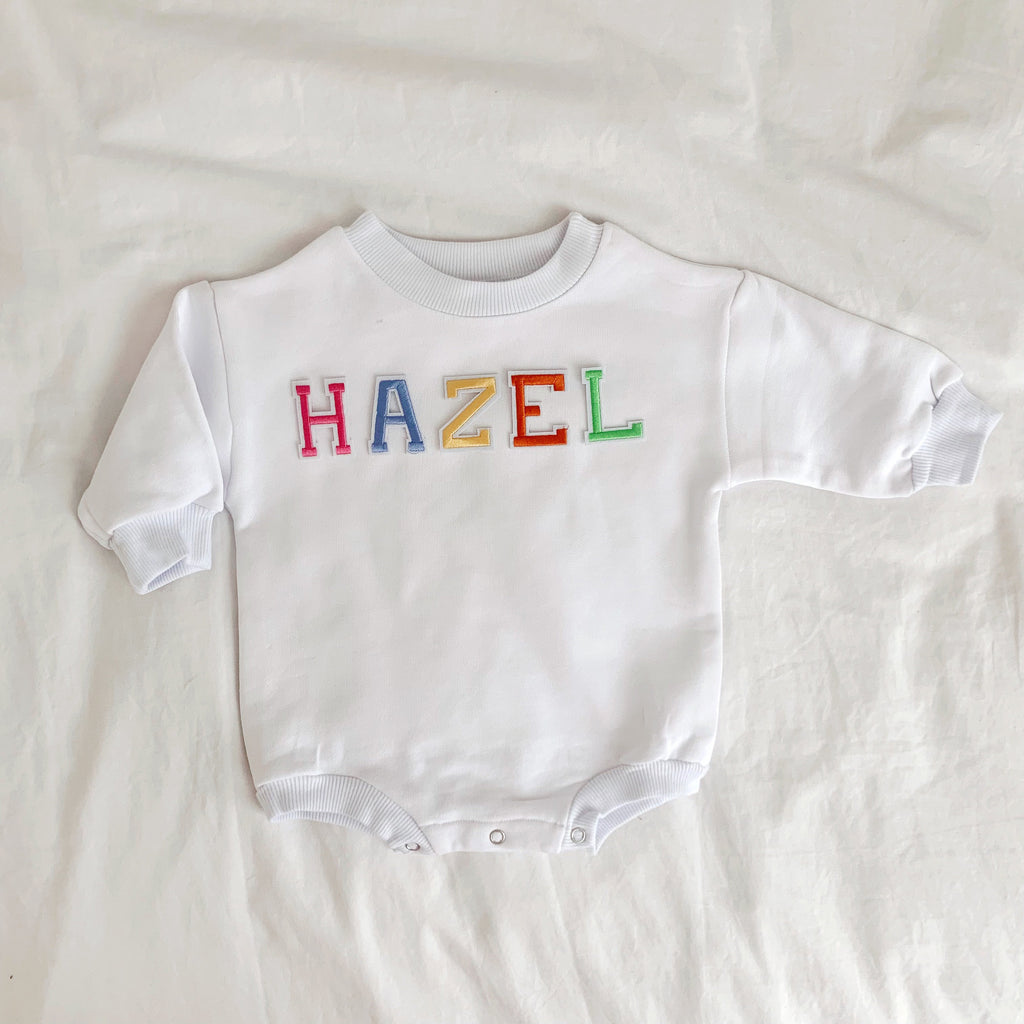 Rainbow Name Baby Romper, Bubble Romper, Letter Baby Sweatshirt, Baby Sweatshirt, Rainbow baby Sweatshirt Romper, Custom Embroidered Rainbow