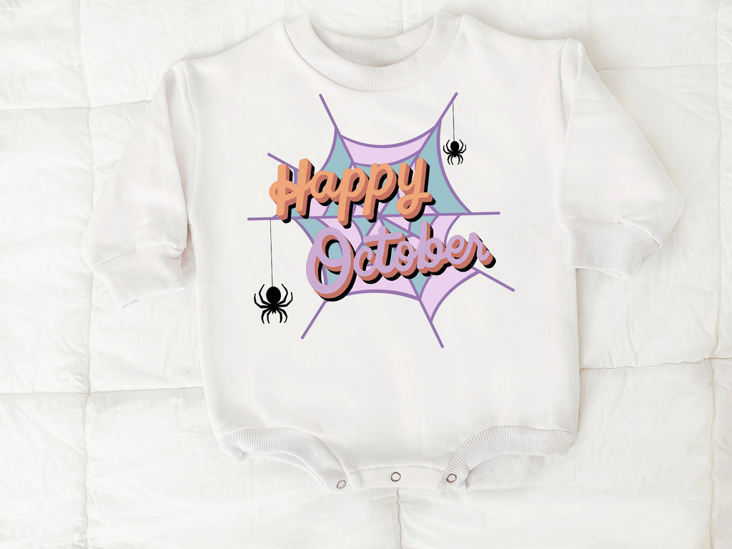 First Halloween Baby Outfit, Baby First Halloween, Happy October, Bubble Romper, Baby Sweatshirt Romper, Retro Halloween, Bubble romper