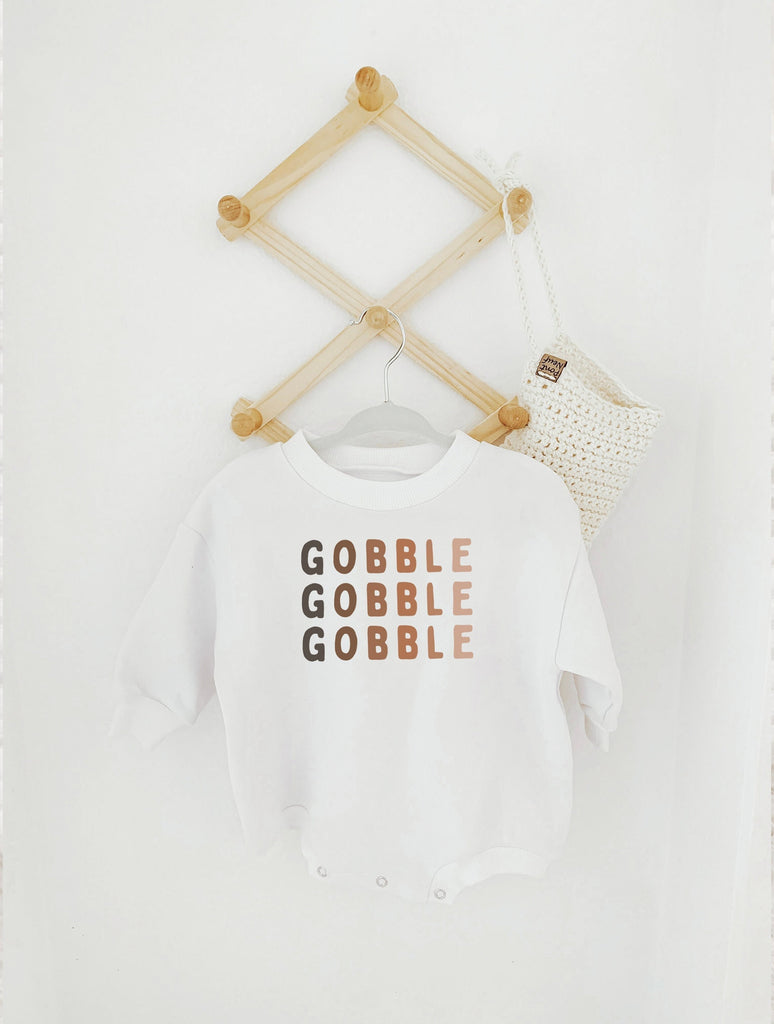 Gobble, Thanksgiving Sweatshirt Romper, Oversized Bubble Romper, Fall baby outfit, Thanksgiving baby, Neutral, Thankful, Bubble Romper