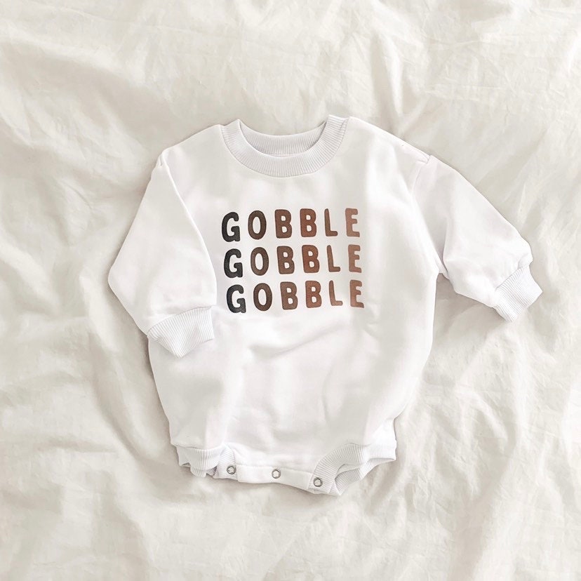 Gobble, Thanksgiving Sweatshirt Romper, Oversized Bubble Romper, Fall baby outfit, Thanksgiving baby, Neutral, Thankful, Bubble Romper