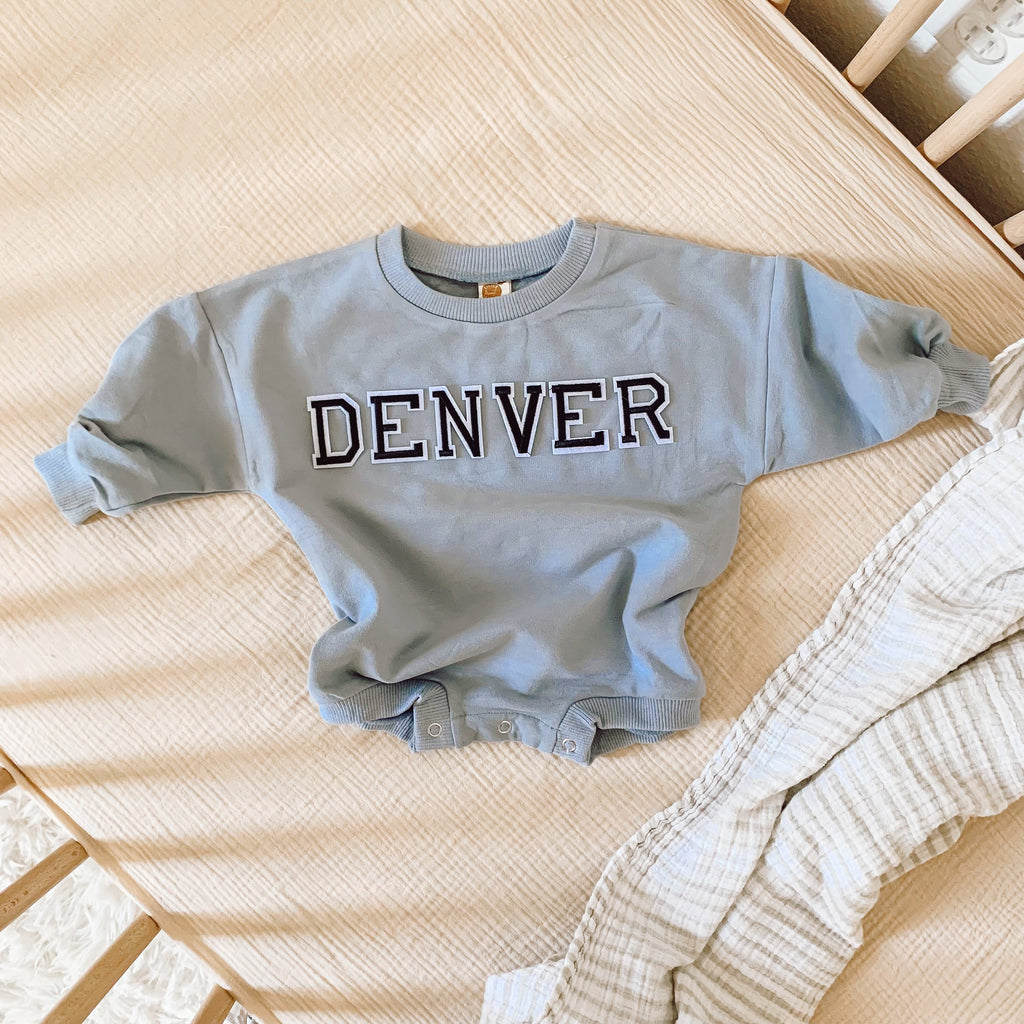 Oversized Neutral Baby Romper, Bubble Romper, Letter Baby Sweatshirt, Baby Sweatshirt, Blue baby Sweatshirt Romper, Custom Baby Romper