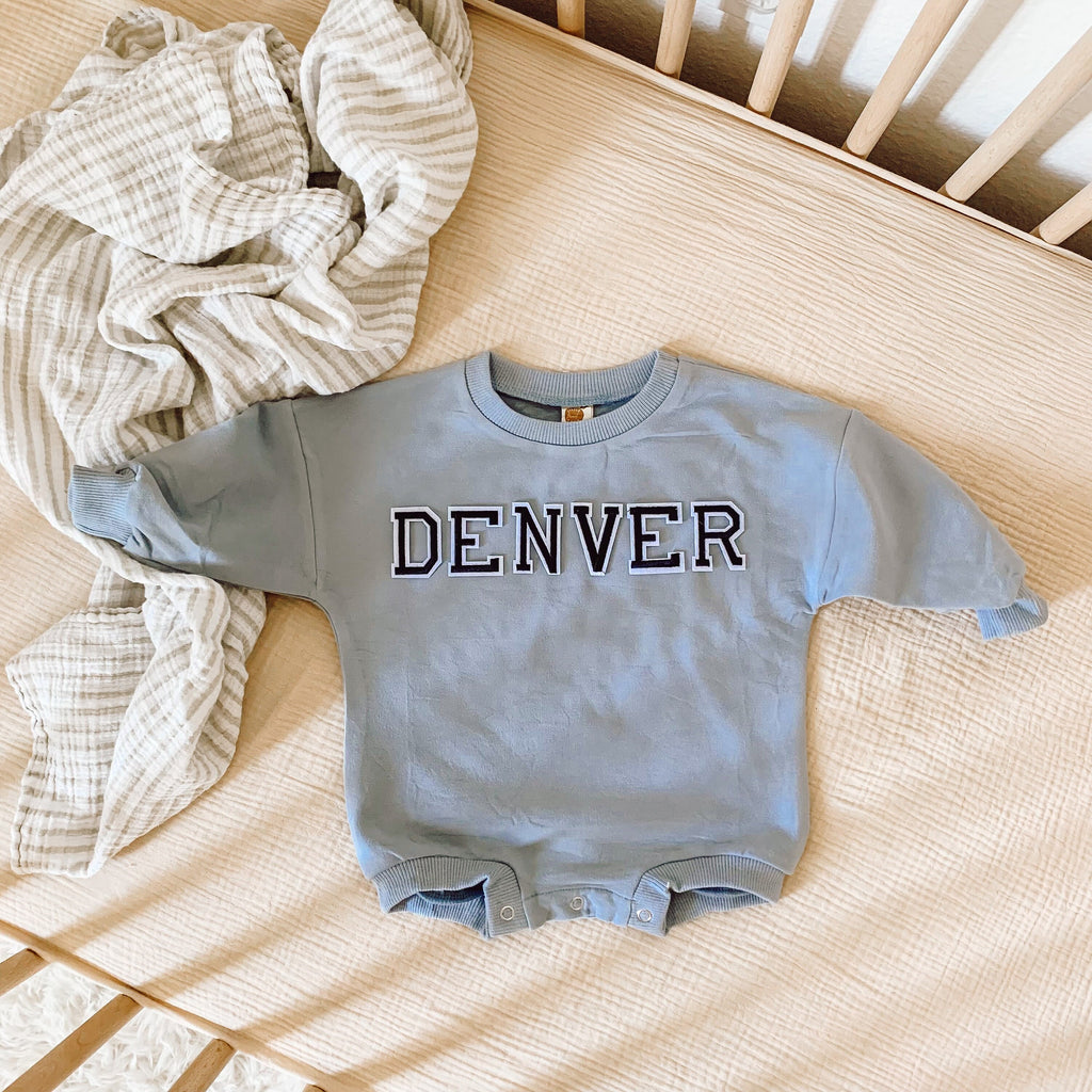Oversized Neutral Baby Romper, Bubble Romper, Letter Baby Sweatshirt, Baby Sweatshirt, Blue baby Sweatshirt Romper, Custom Baby Romper